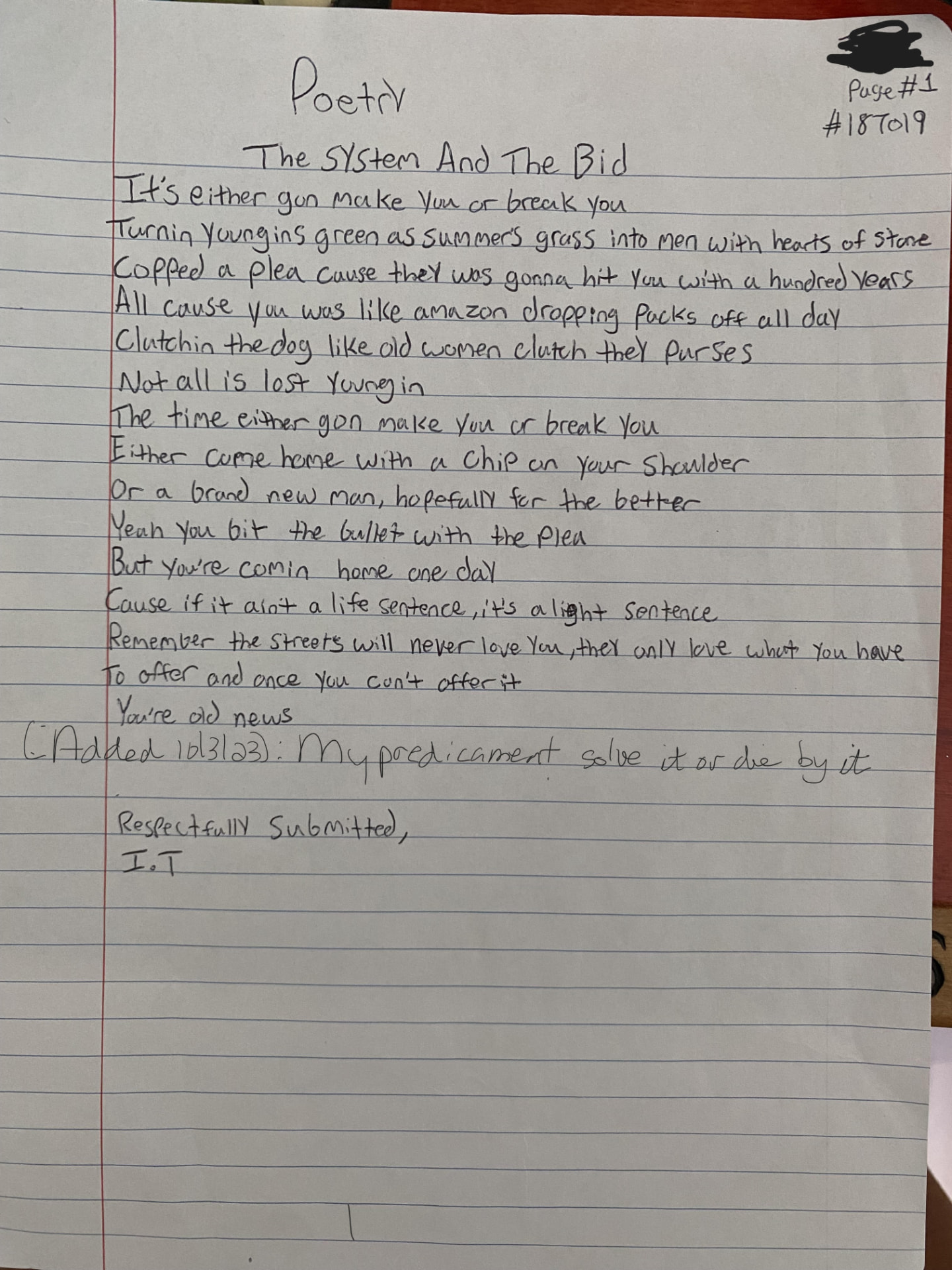 A handwritten poem titled 'The System and the Bid' on lined paper.