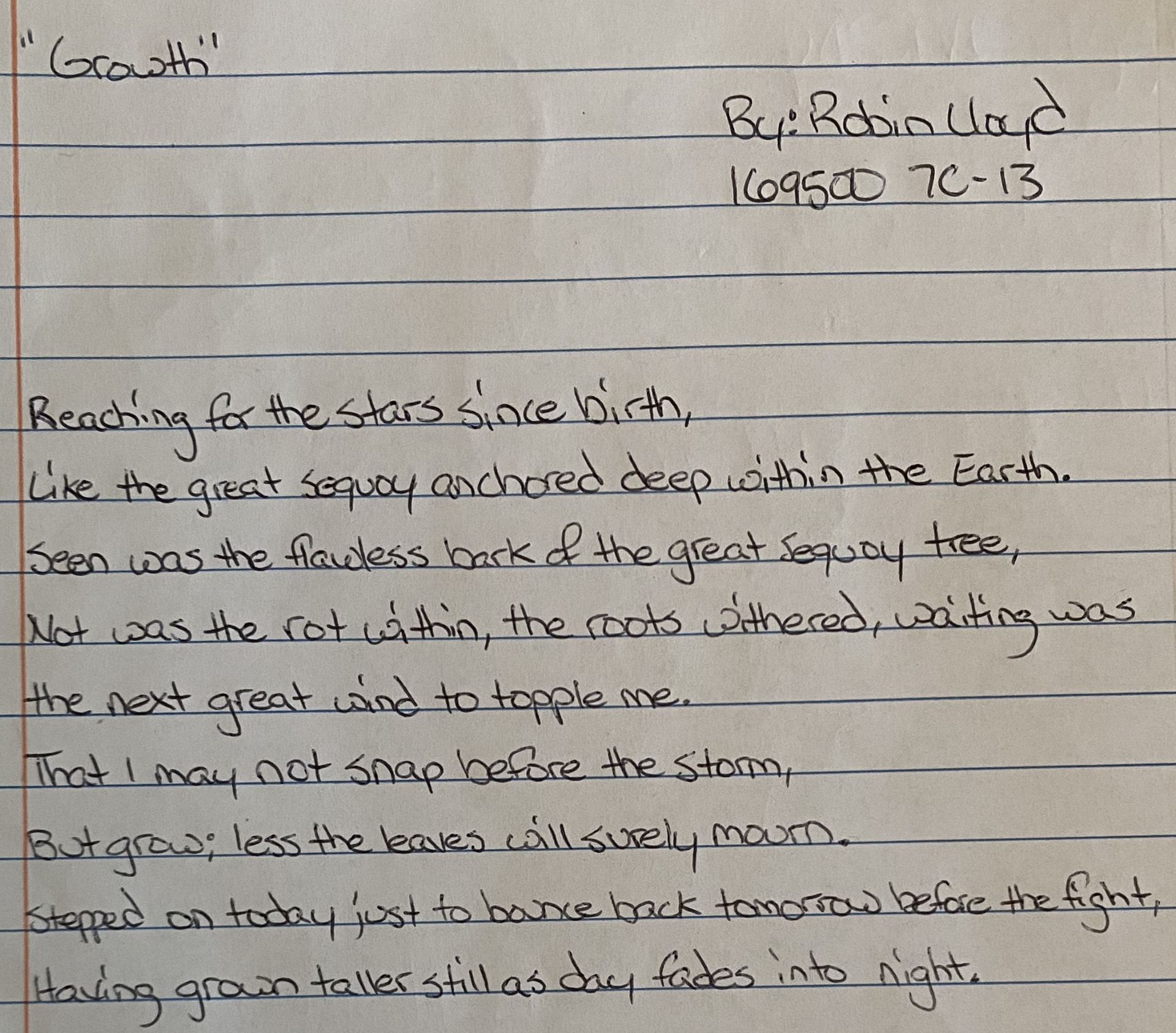 A handwritten poem titled 'Growth' on lined notebook paper.