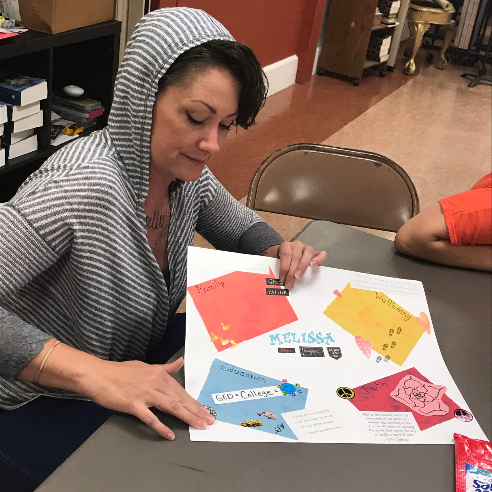 A participant works on a large vision board with sections for family, wellbeing, education, and faith.